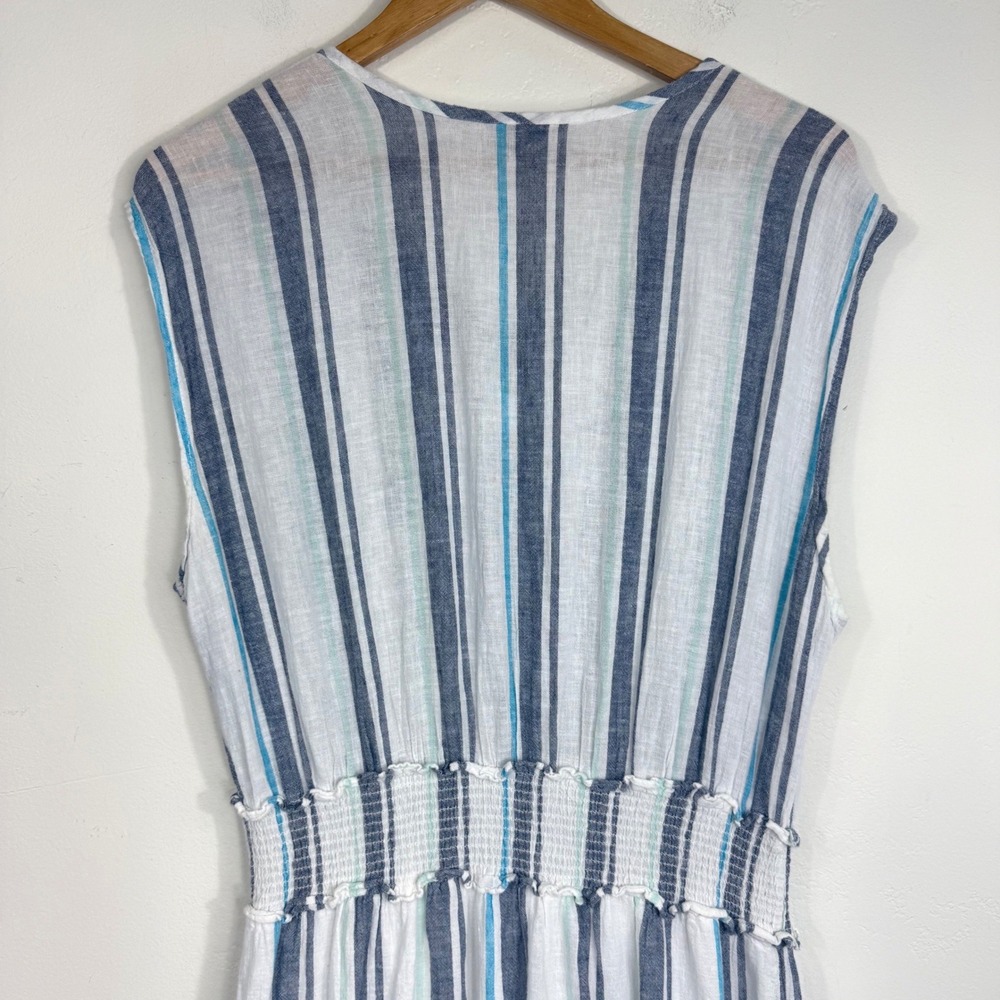 Rails Ashlyn Linen Blend Midi Dress XL Blue Stripe Smocked Coastal Beach Boho - Picture 8 of 13